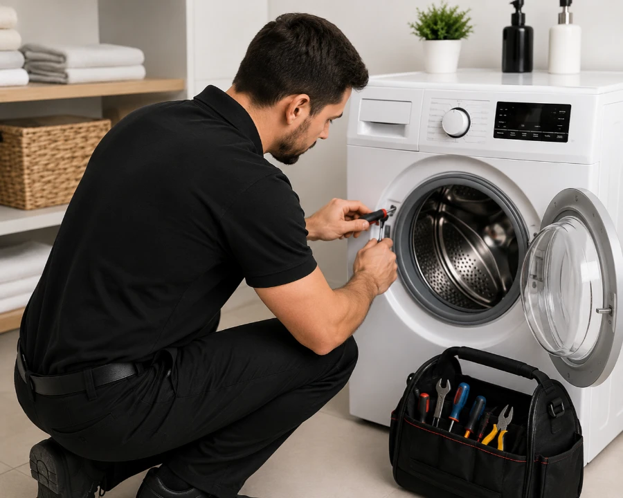 Appliance technician in black work clothes crouched beside a white front-load dryer with the door open, tool bag on the floor beside him