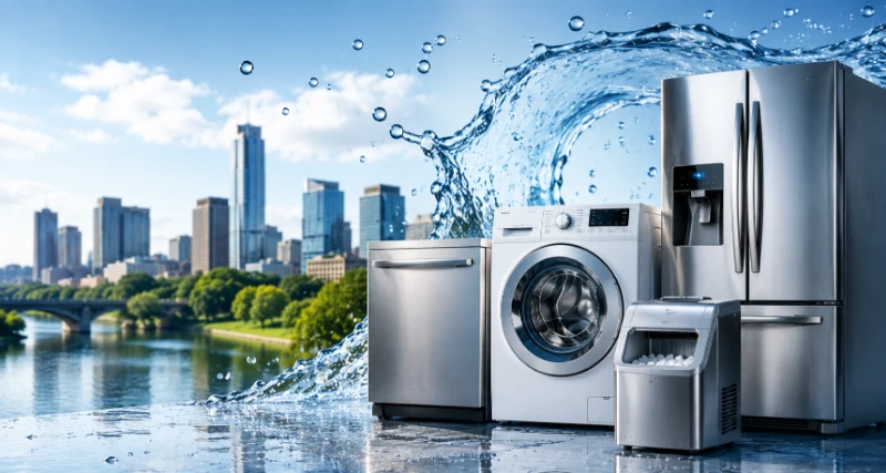 Austin skyline beside hard water splashing over a dishwasher, washing machine, ice maker and refrigerator, illustrating the appliances hard water can damage