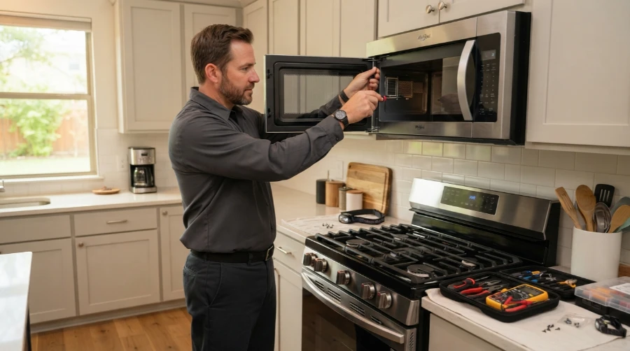 Technician servicing an over-the-range microwave above a gas range in an Austin kitchen, with tools laid out on the counter