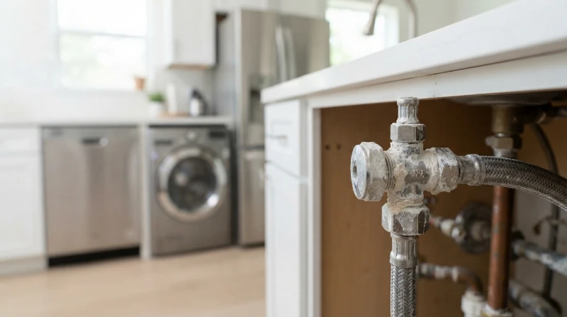 Close-up of a shutoff valve and braided supply line coated in chalky calcium deposits, with a dishwasher, washing machine and refrigerator out of focus behind