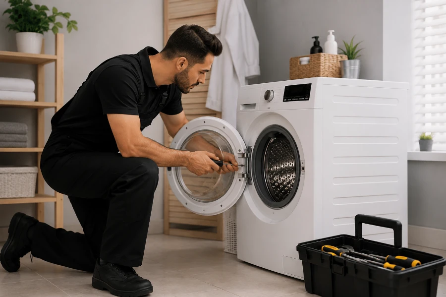 Washer repair technician servicing the door of a front-load washing machine in an Austin, TX laundry room