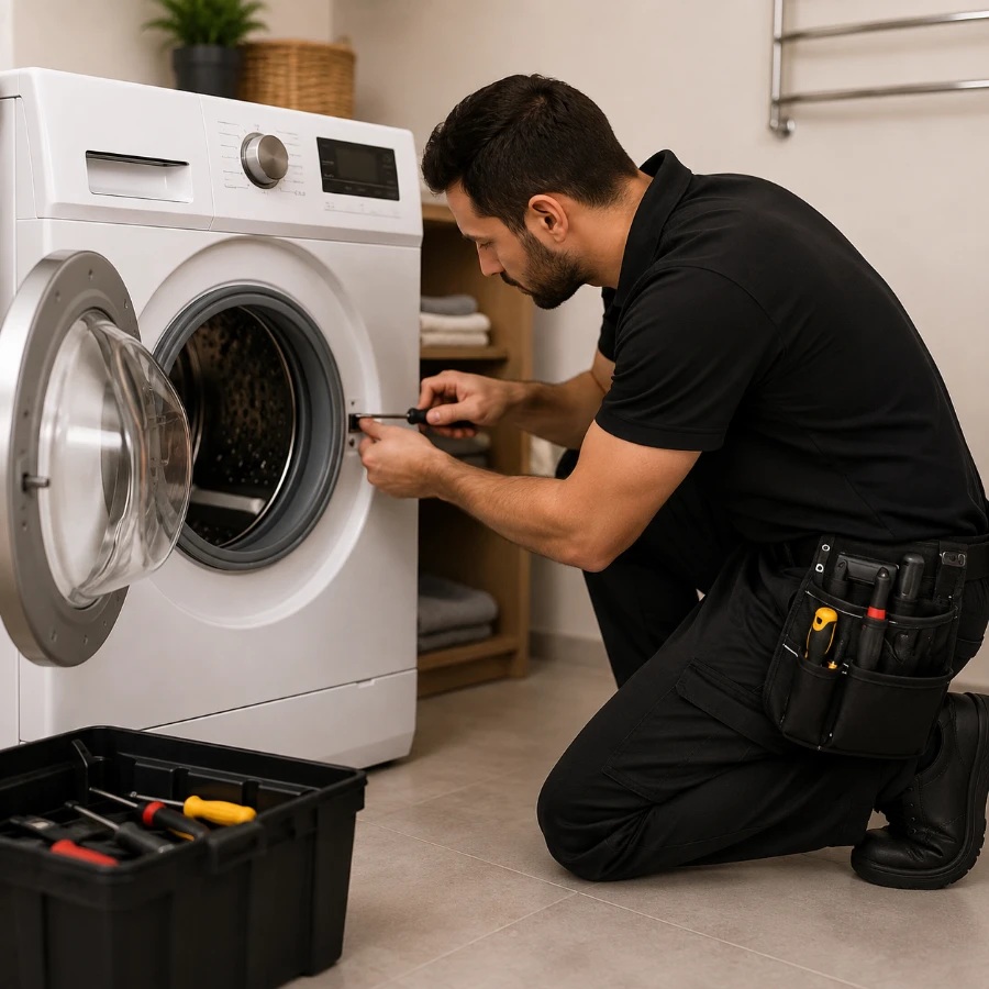 Technician using a screwdriver at the door latch of an open front-load washing machine