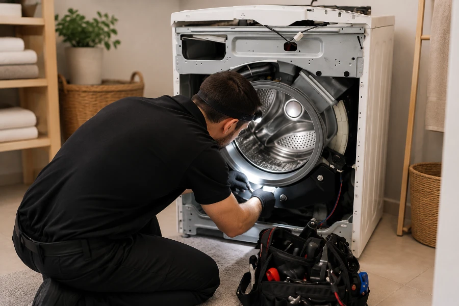 Washing machine with the rear panel removed, exposing the drum, drive belt and motor during repair