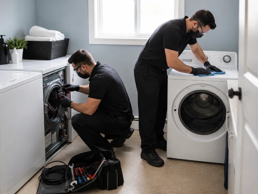 Two technicians in a home laundry room, one working inside an opened front-load washer while the other wipes down a second unit