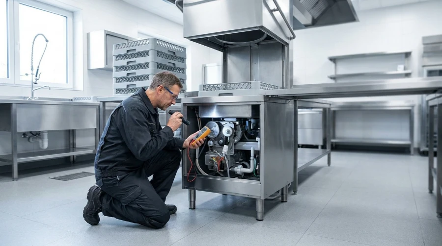 Technician inspecting equipment beneath a stainless prep table in a commercial warewashing area, with a hood-type dish machine and stacked dish racks behind