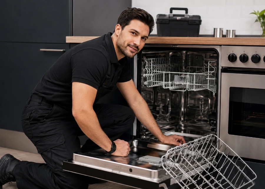 Appliance technician kneeling beside an open dishwasher with the lower rack pulled out, inspecting the tub and spray arm