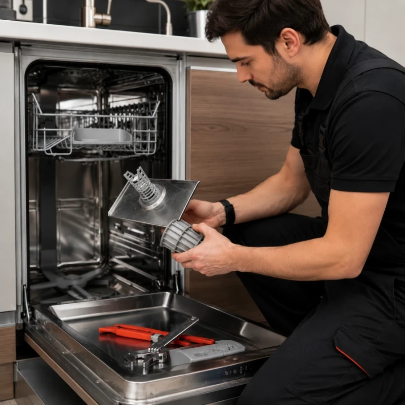Technician lifting the cylindrical drain filter and its cover out of the bottom of a dishwasher tub, with pliers resting on the open door