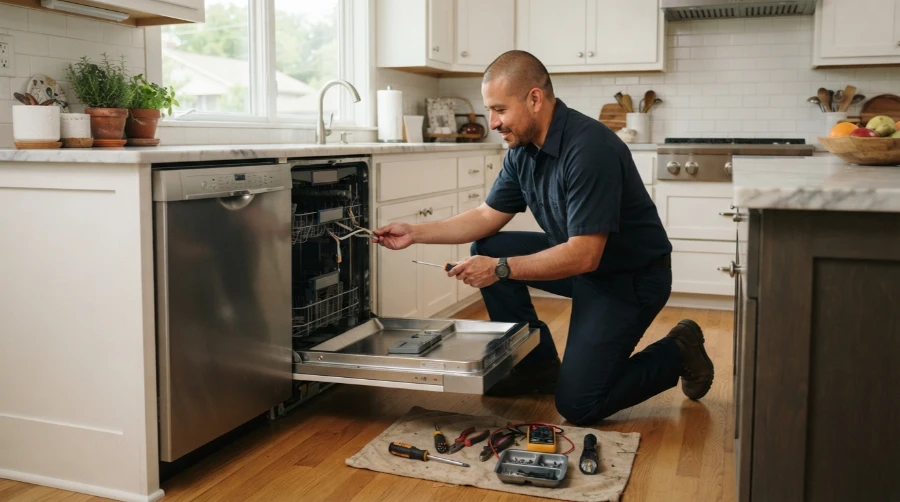 Appliance technician kneeling at an open built-in stainless dishwasher, servicing the lower rack and door with tools laid out on the kitchen floor
