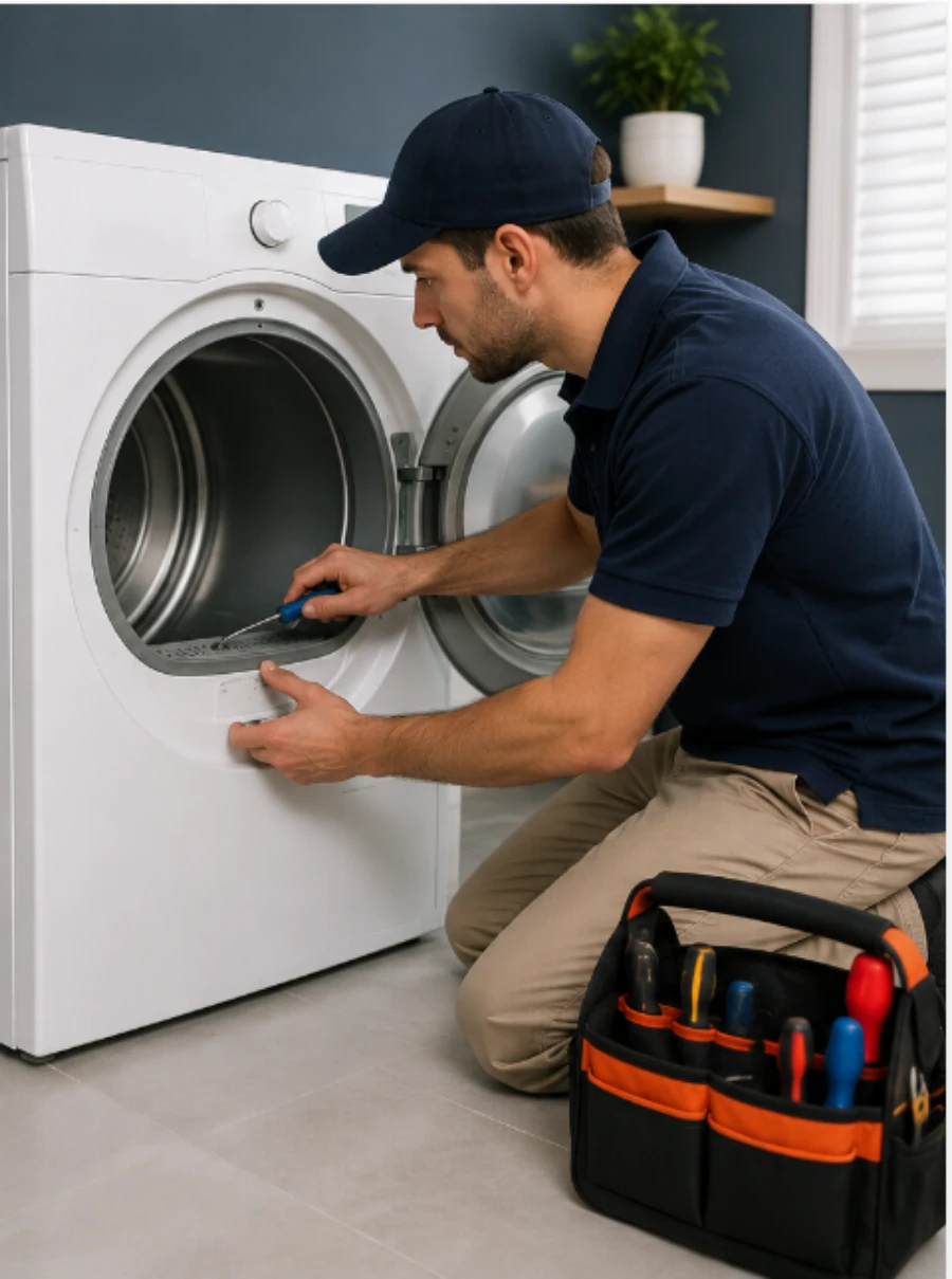 Dryer repair technician holding the door of a white dryer open and probing the lint filter opening with a screwdriver