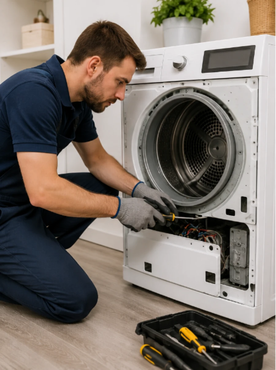 Technician in navy uniform and work gloves repairing a dryer with the front panel removed, exposing the drum and internal wiring