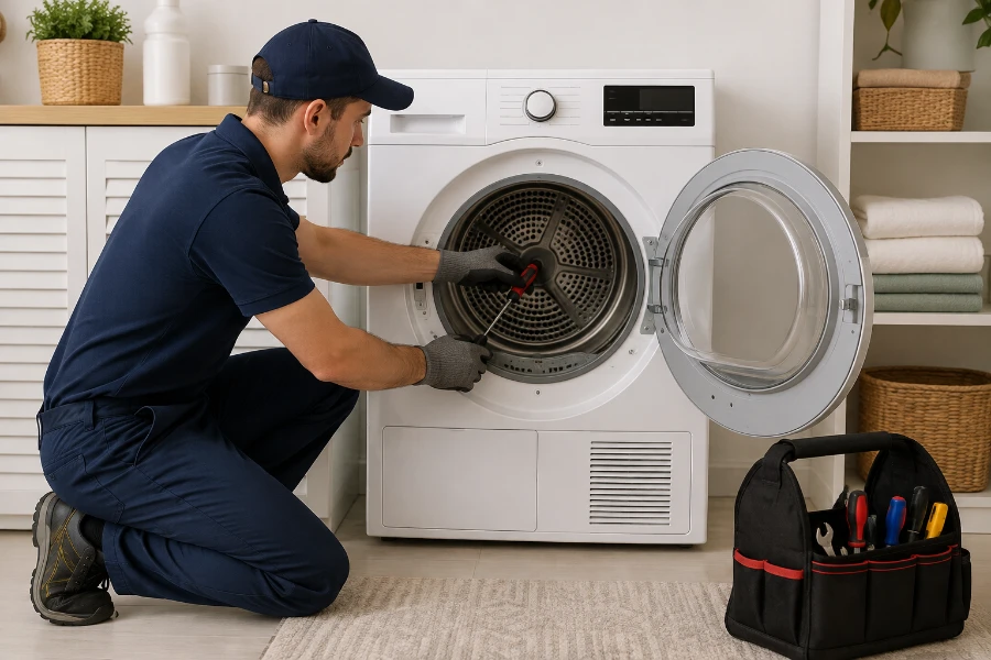 Dryer repair technician kneeling at an open front-load clothes dryer in an Austin, TX laundry room, working inside the drum with a screwdriver