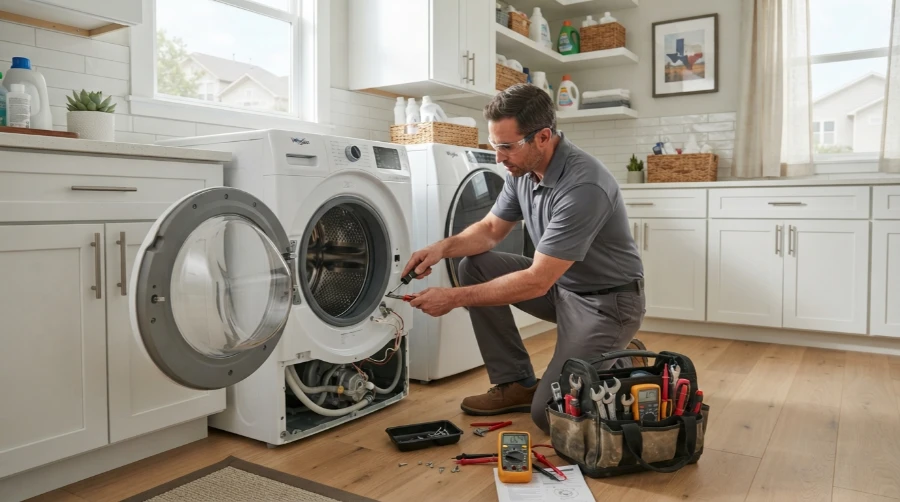 Technician in safety glasses servicing the open front-load washer of a laundry pair, with the lower access panel removed and tools on the floor