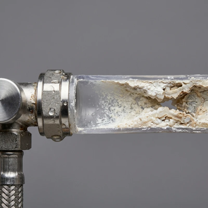Cutaway of a household water supply line showing thick pale mineral scale narrowing the inside of the tube where it meets a braided hose and shutoff fitting