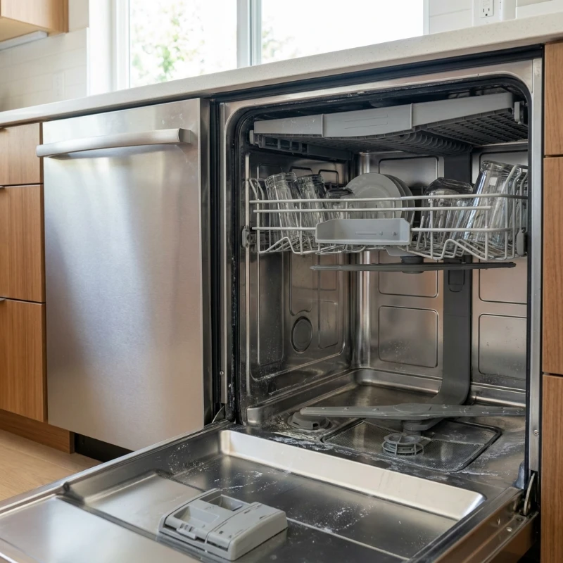 Open stainless steel dishwasher in a kitchen with glassware in the upper rack and a white chalky film across the inner door and tub floor