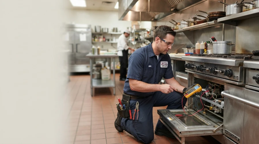 Technician testing the controls of a commercial range with a digital meter while kitchen staff work in the background