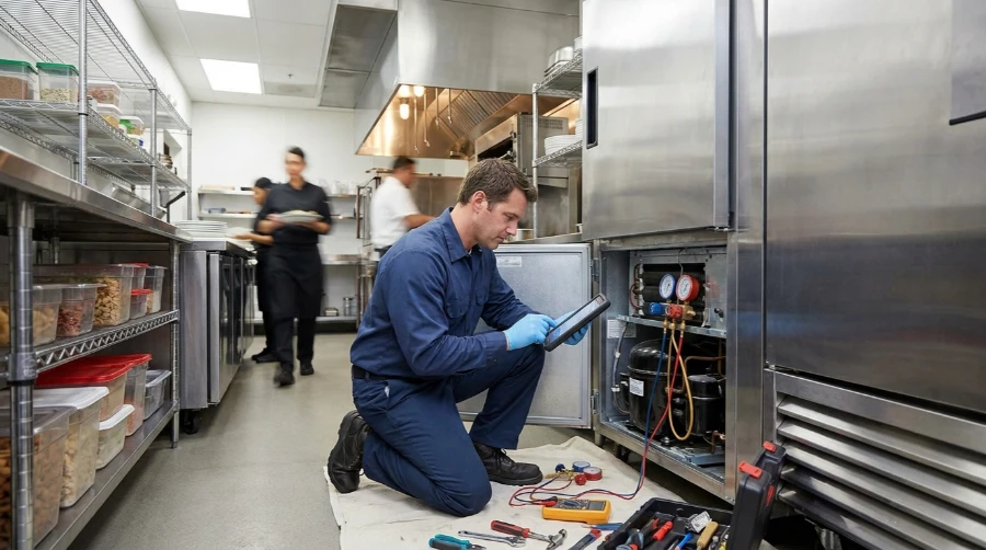 Commercial appliance repair, Austin TX: technician testing the condensing unit of a commercial reach-in refrigerator with refrigerant manifold gauges