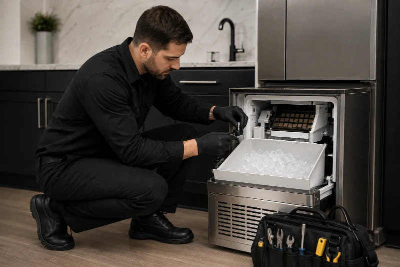 Appliance technician kneeling at a built-in undercounter ice maker in a home kitchen with the ice storage bin pulled out