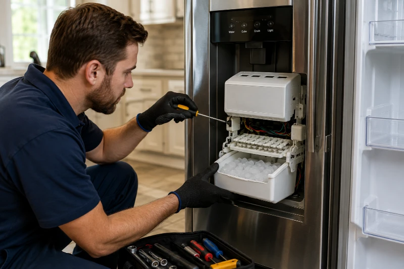 Ice maker repair technician removing the ice maker module from the door of a stainless side-by-side refrigerator in an Austin, TX kitchen