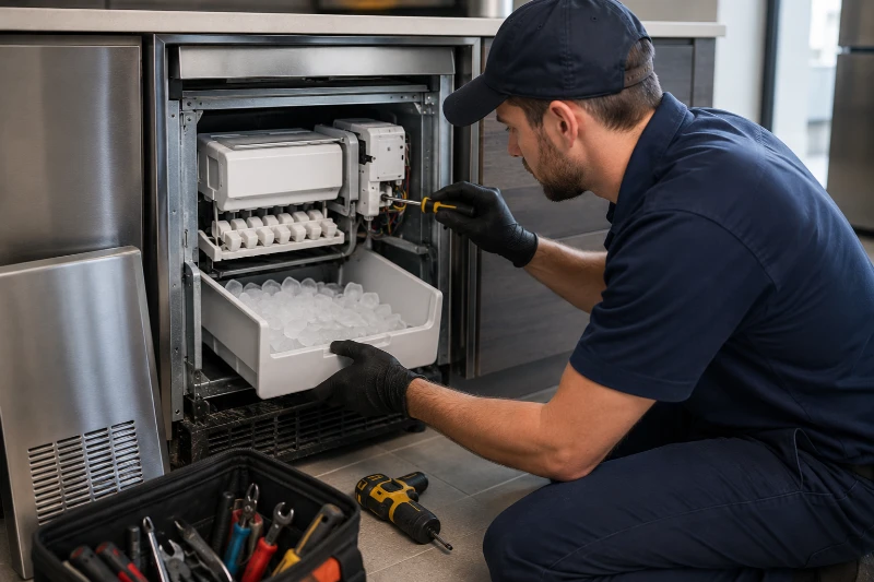Technician using a screwdriver on the ice maker module of an undercounter unit with the ice bin pulled out
