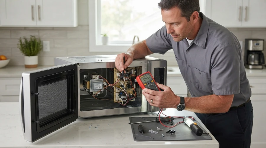 Technician testing the exposed magnetron and control board of an opened countertop microwave with a multimeter