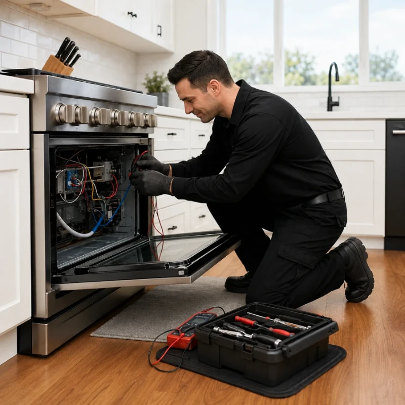 Technician testing the wiring inside the side panel of an open stainless steel range with multimeter leads clipped to the components