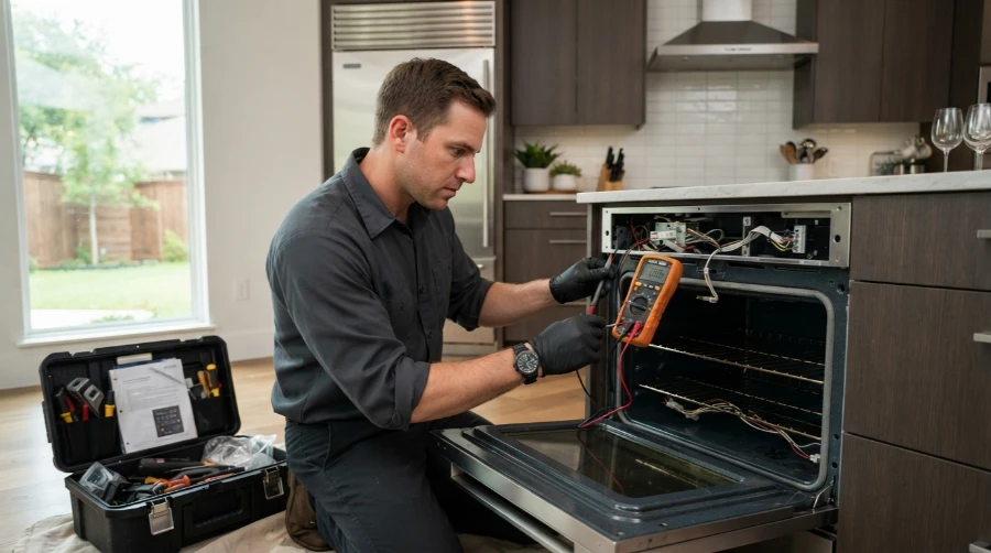 Technician testing the exposed control wiring of a built-in wall oven with a multimeter, oven door open and tool case on the floor