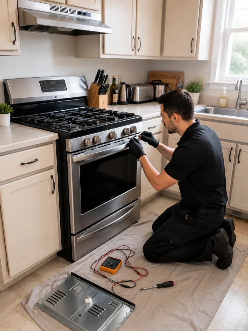 Appliance technician working at the control knobs of a stainless gas range, with the lower drawer panel removed and a multimeter on the drop cloth