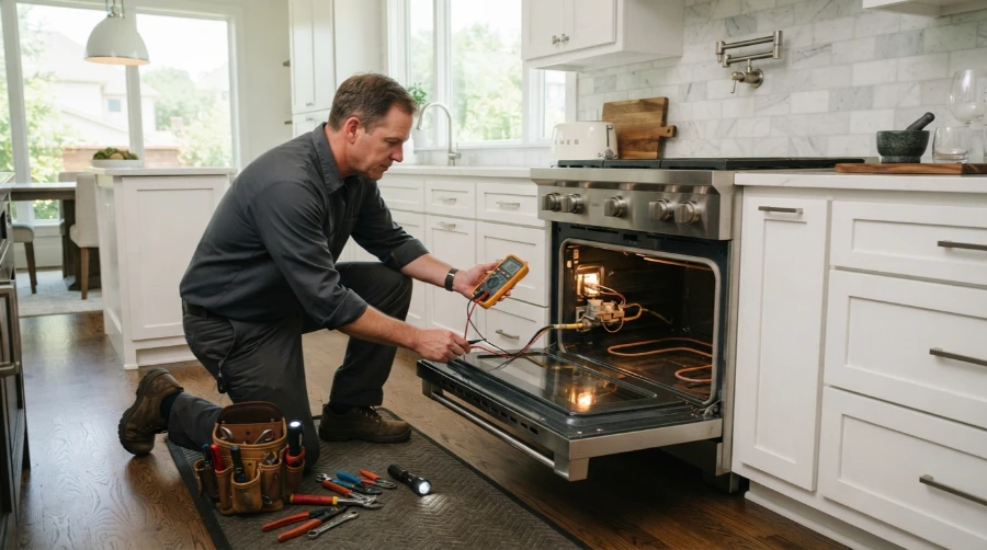 Technician using a multimeter to test the bake element inside an open slide-in range in a renovated South Austin kitchen