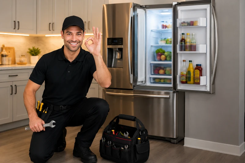 Technician diagnosing a refrigerator that has stopped cooling in an Austin, TX kitchen