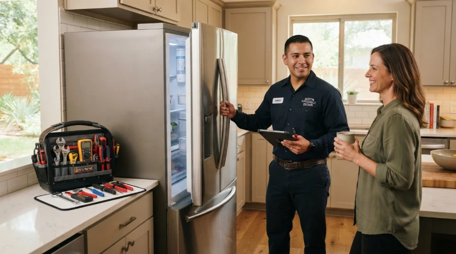 Appliance repair technician with a tablet talking through a refrigerator diagnosis with a resident beside an open french-door fridge