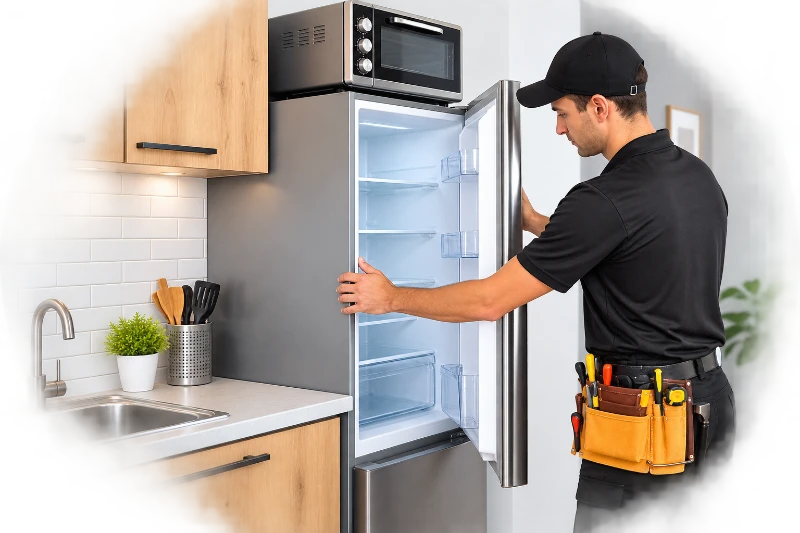 Refrigerator repair technician diagnosing a fridge in an Austin, TX kitchen