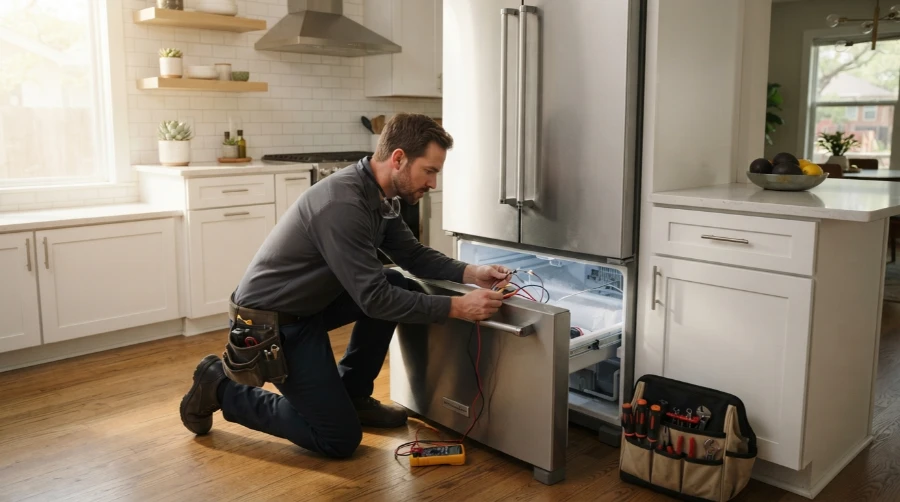 Technician testing a refrigerator with a multimeter, freezer drawer open, during a cooling diagnosis in an Austin home kitchen