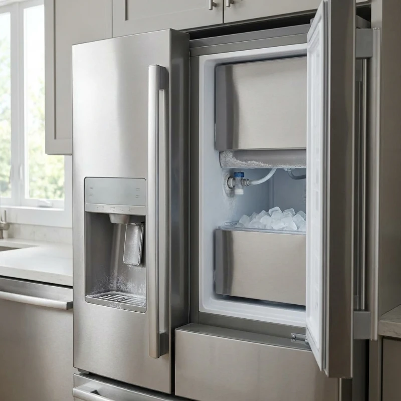 Stainless steel french-door refrigerator with the ice maker compartment open, showing the fill tube, a frosted mold and a bin of ice cubes