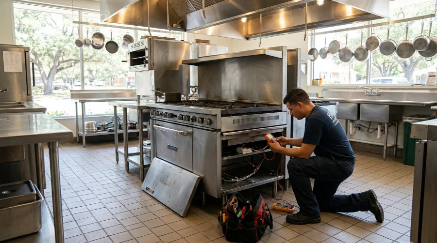 Technician using a multimeter on an open six-burner commercial gas range with the lower panel removed in a full-service kitchen