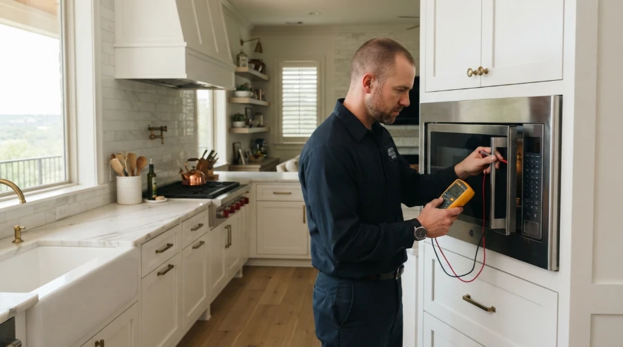 Microwave repair in an Austin, TX kitchen: technician testing a built-in wall unit with a multimeter
