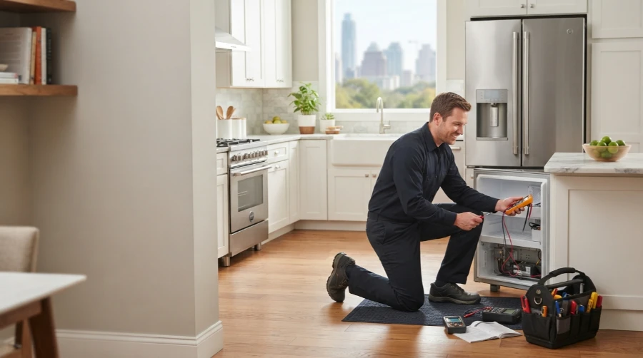 Appliance repair technician kneeling to test a refrigerator with a multimeter in a Downtown Austin condo kitchen, with the city skyline visible through the window