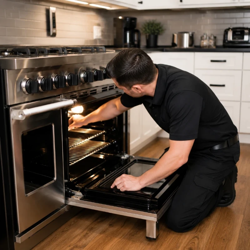 Appliance technician kneeling at an open professional-grade range, checking the oven racks with the interior light on