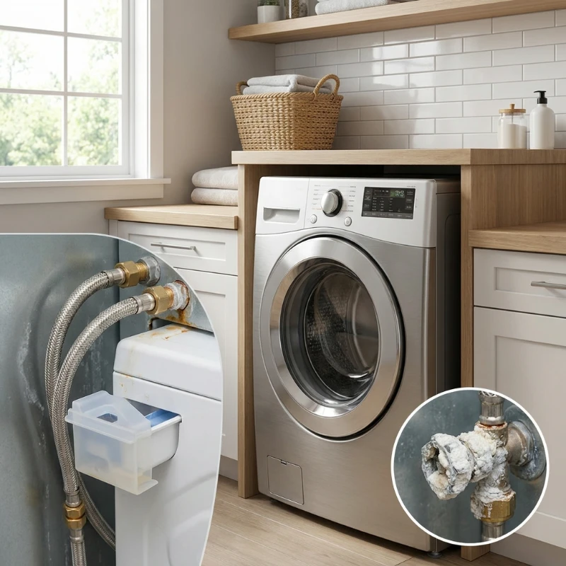 Front-load washing machine in a laundry room, with an inset close-up of braided fill hoses on a supply valve encrusted with white mineral deposits