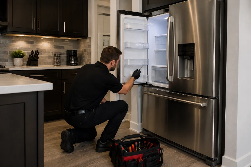 Water leaking onto the kitchen floor from a refrigerator in an Austin home