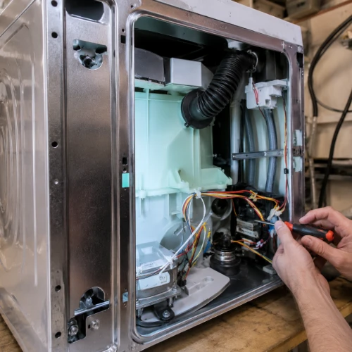 Technician using a screwdriver on the wiring and hoses inside an opened dishwasher door