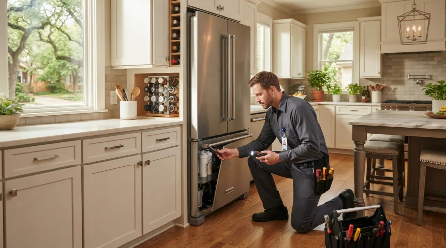 Appliance repair technician checking the lower freezer compartment of a refrigerator in a South Austin kitchen, with live oaks visible through the window