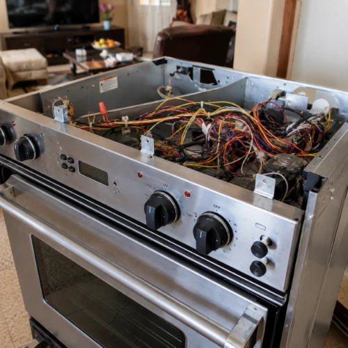 Stainless steel range with its control panel lifted, exposing the wiring behind the burner knobs