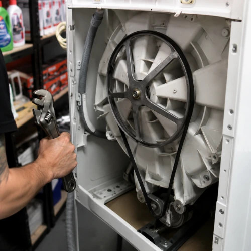 Technician using an adjustable wrench on the drive belt and pulley inside an opened washing machine