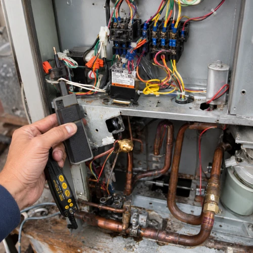 Technician holding a digital meter beside an opened control panel with copper pipework and terminal wiring